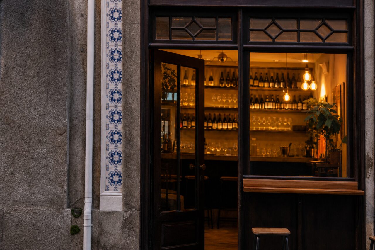 Open window onto shelves of bottles and glasses