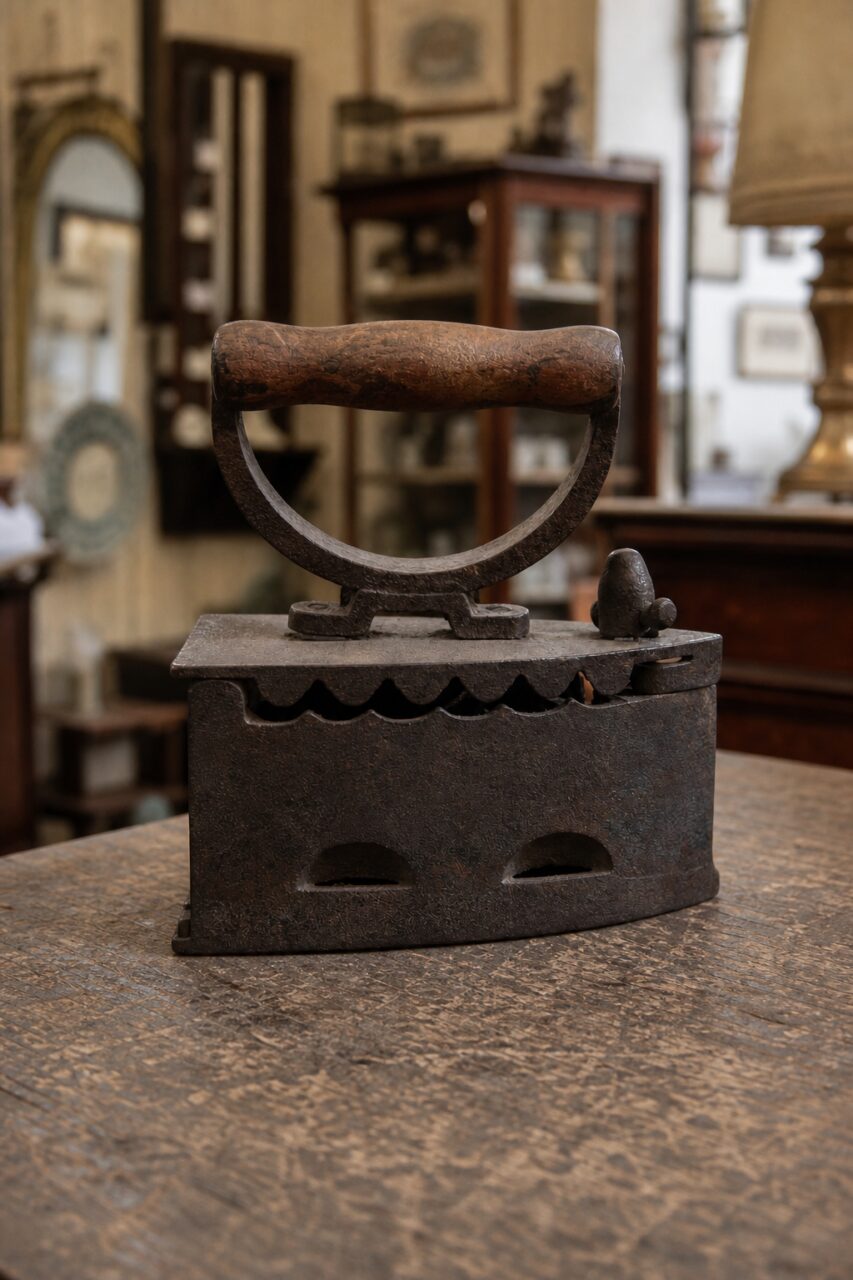 Antique cast-iron clothes iron seen front-on in a vertical frame