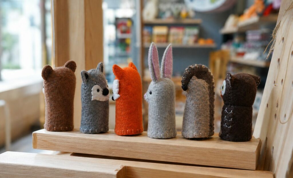 Dos brun de l’ours et arrière orange du renard dans la rangée textile