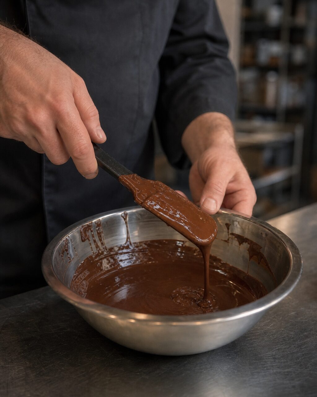 Fio de chocolate a cair de uma espátula para uma tigela de aço