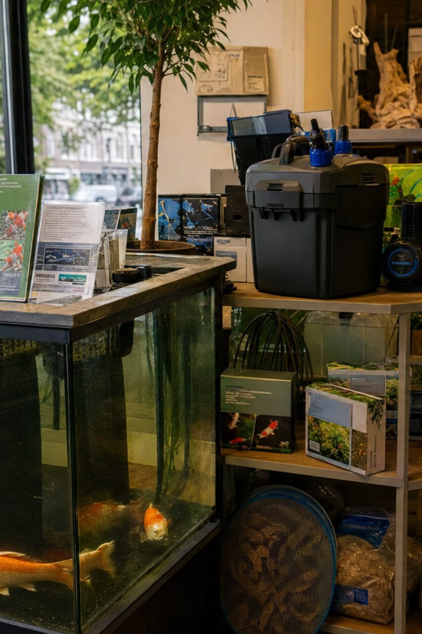 Filtro de estanque y carpas koi en un expositor de acuariofilia de una tienda de animales