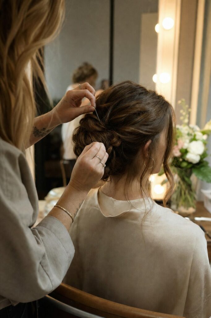 Derrière le chignon brun, la coiffeuse fixe une épingle