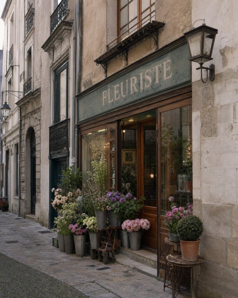 Fleuriste ancien à Tours, devanture en bois et bouquets colorés dans une rue historique