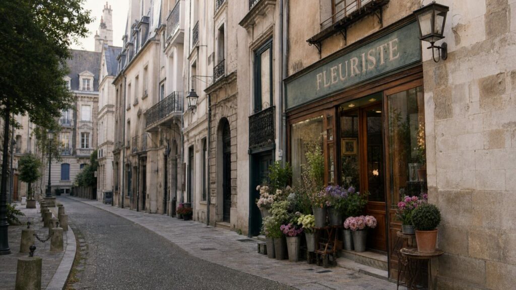 Fleuriste de Tours dans une rue élégante, façade ancienne et compositions florales sur le trottoir