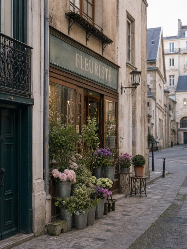 Fleuriste historique de Tours, façade en bois et bouquets roses dans une rue pavée