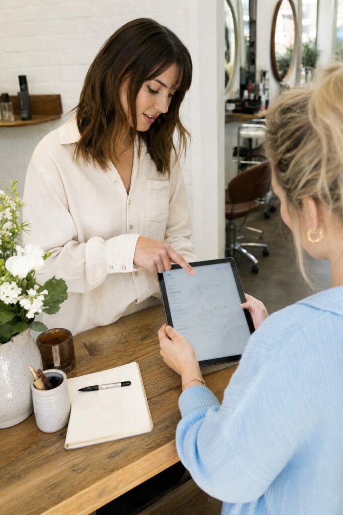 Tablet über einem Heft im Hochformat gehalten