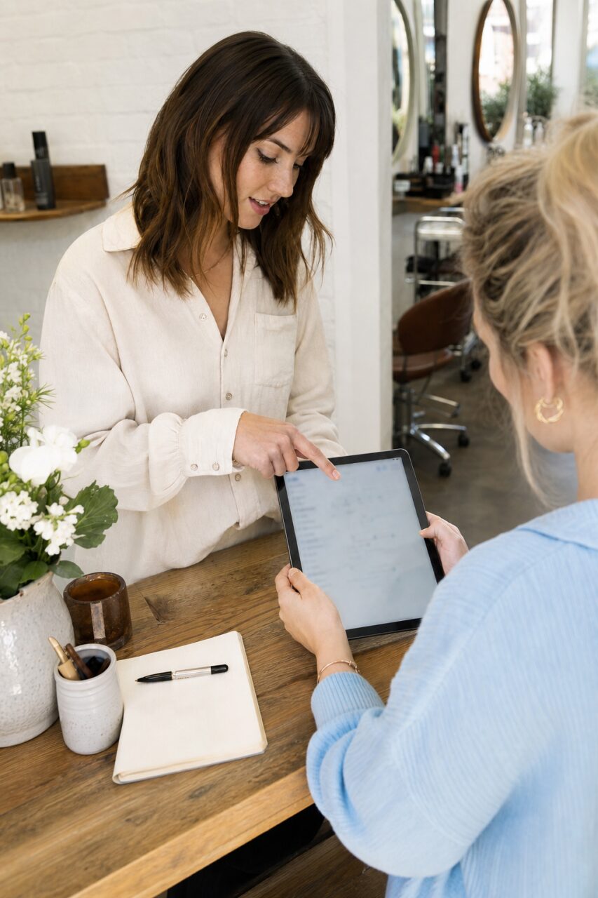 Tablet seguro sobre um caderno em formato vertical