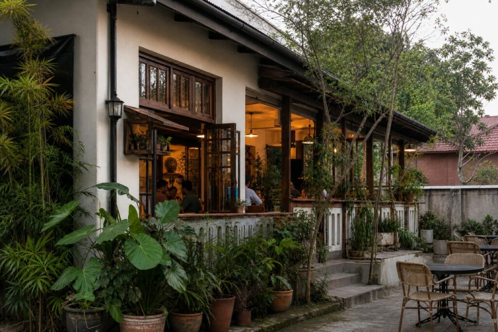 Galerie du café vue depuis le côté de la cour