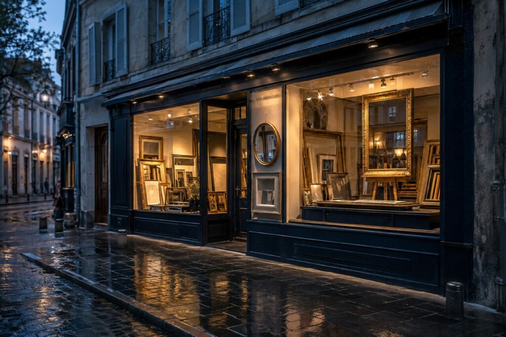 Galerie de cadres éclairés derrière la vitre à l’heure bleue