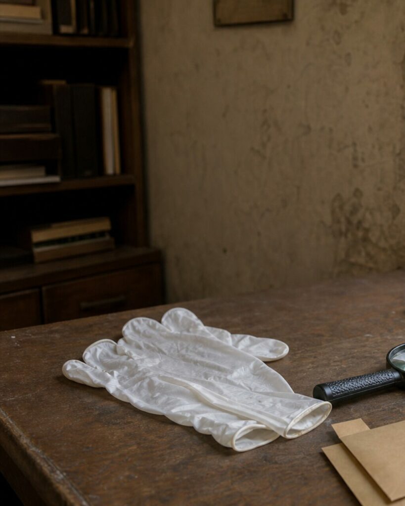 Gants blancs froissés sur une table ancienne