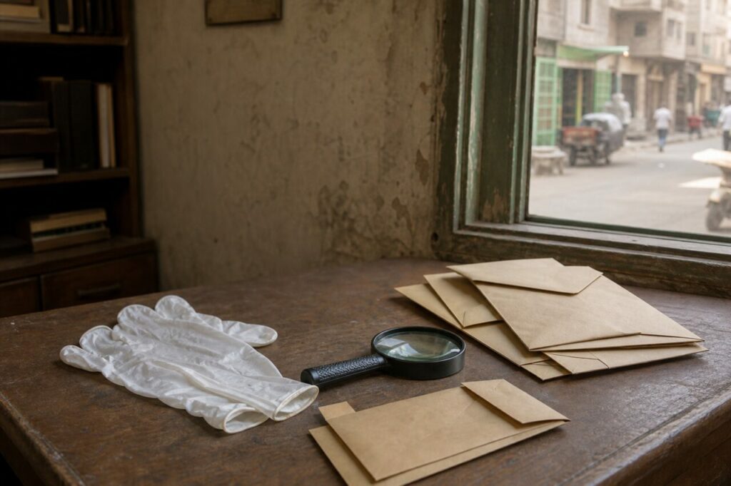 Gants blancs, loupe noire et enveloppes sur une table