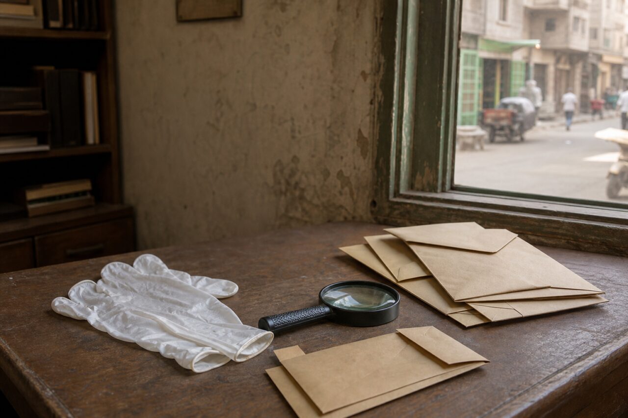 Luvas brancas, lupa preta e envelopes sobre uma mesa