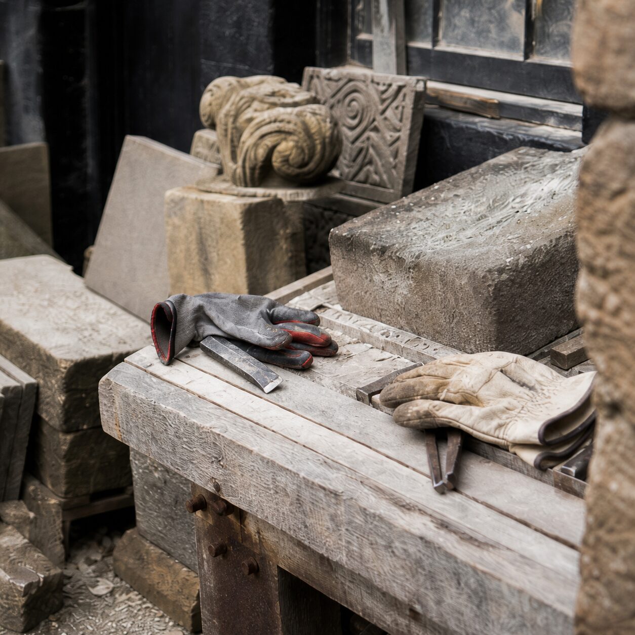 Gants et ciseau sur un établi entouré de sculptures en pierre