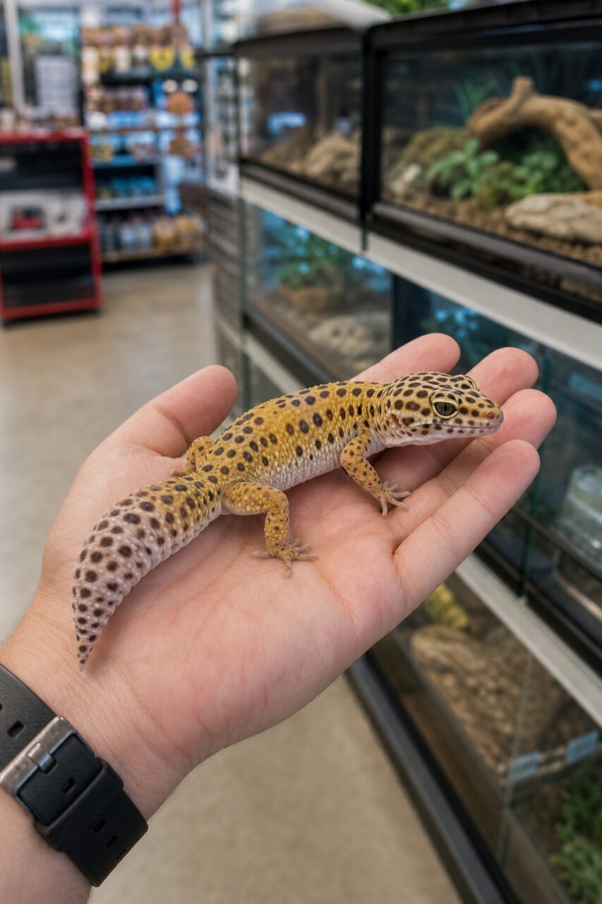 Gelb gefleckter Gecko auf einer offenen Handfläche