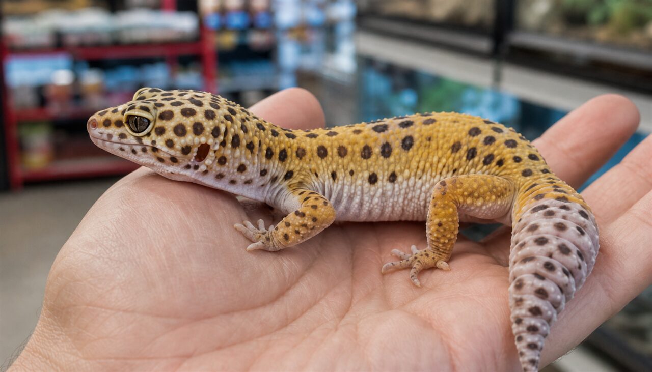 Gecko tacheté allongé sur une main