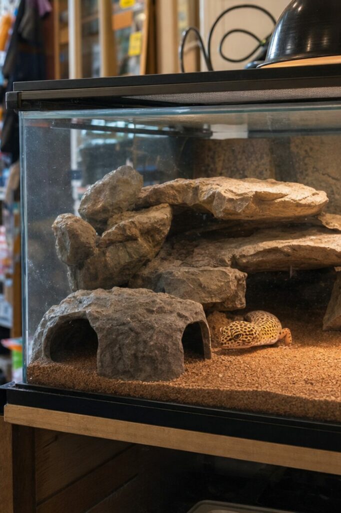 Gefleckter Gecko unter einem Felsbogen in einem vertikalen Terrarium des Zoofachhandels