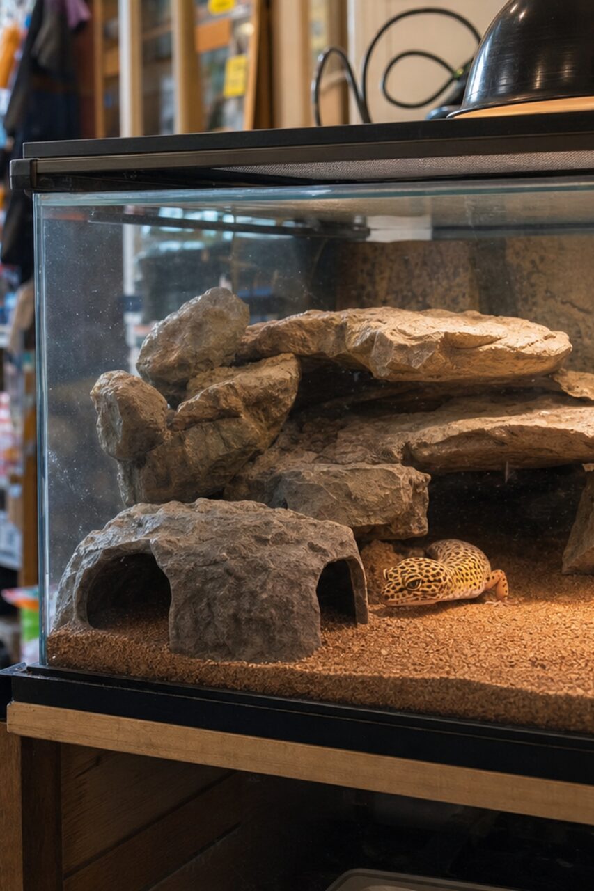 Gecko moteado bajo un arco de rocas en un terrario vertical de tienda de animales