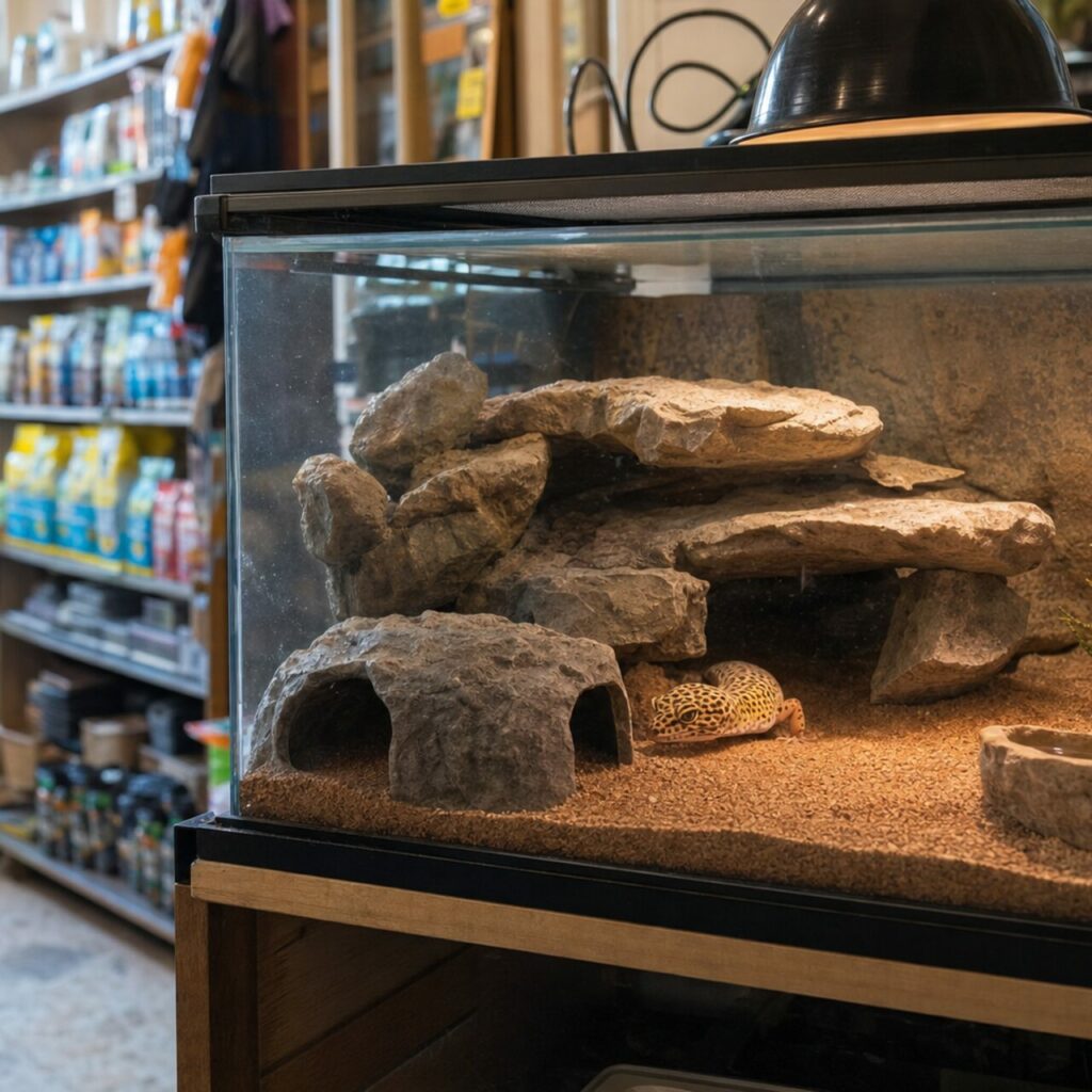 Gefleckter Gecko vor einem Felsenversteck in einem beleuchteten vertikalen Terrarium