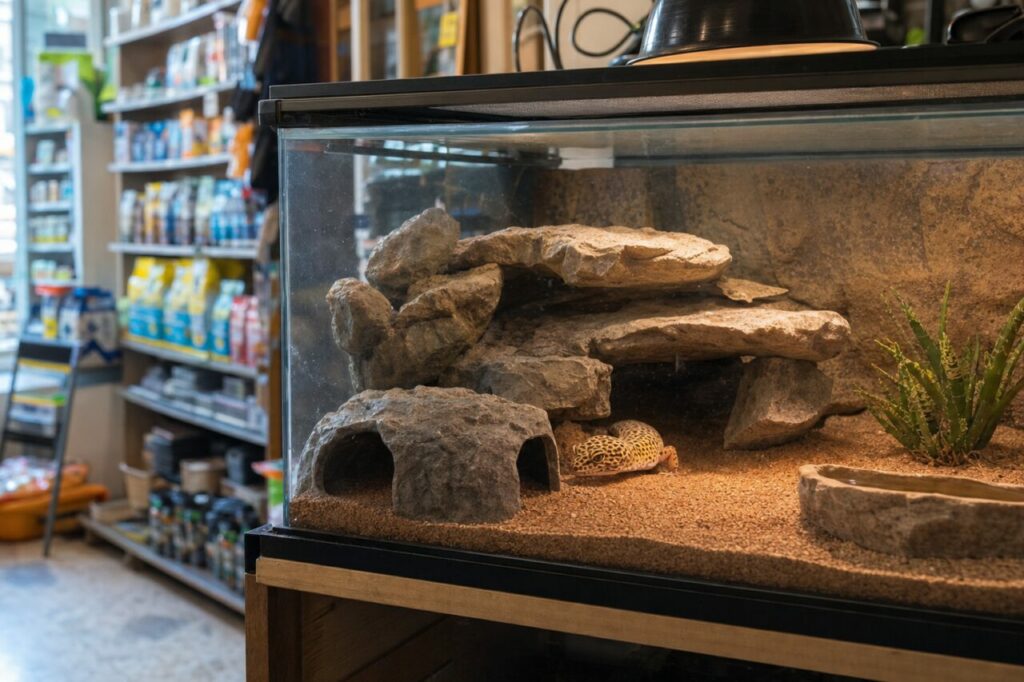 Gefleckter Gecko unter einer Wärmelampe in einem Mineralterrarium des Fachgeschäfts