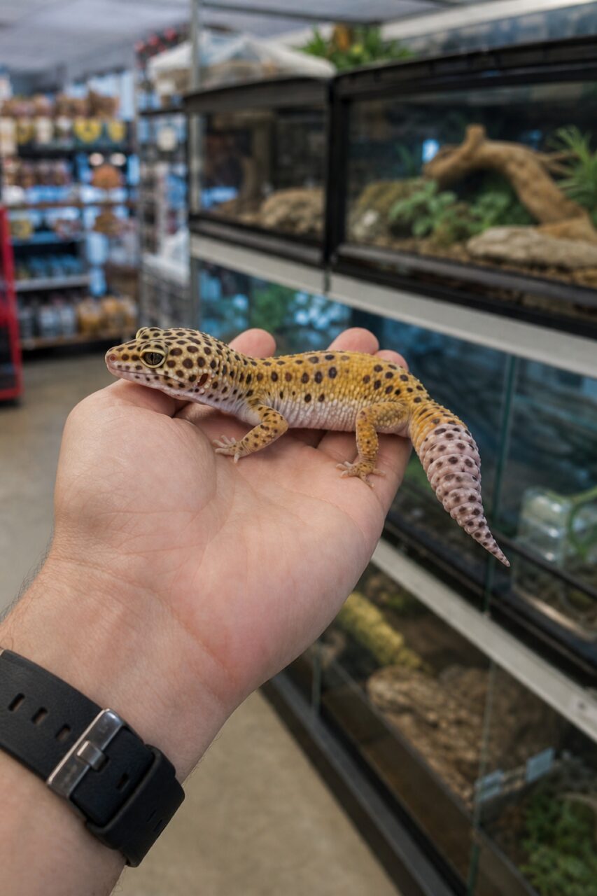 Gefleckter Gecko vor einer Terrarienreihe in der Hand