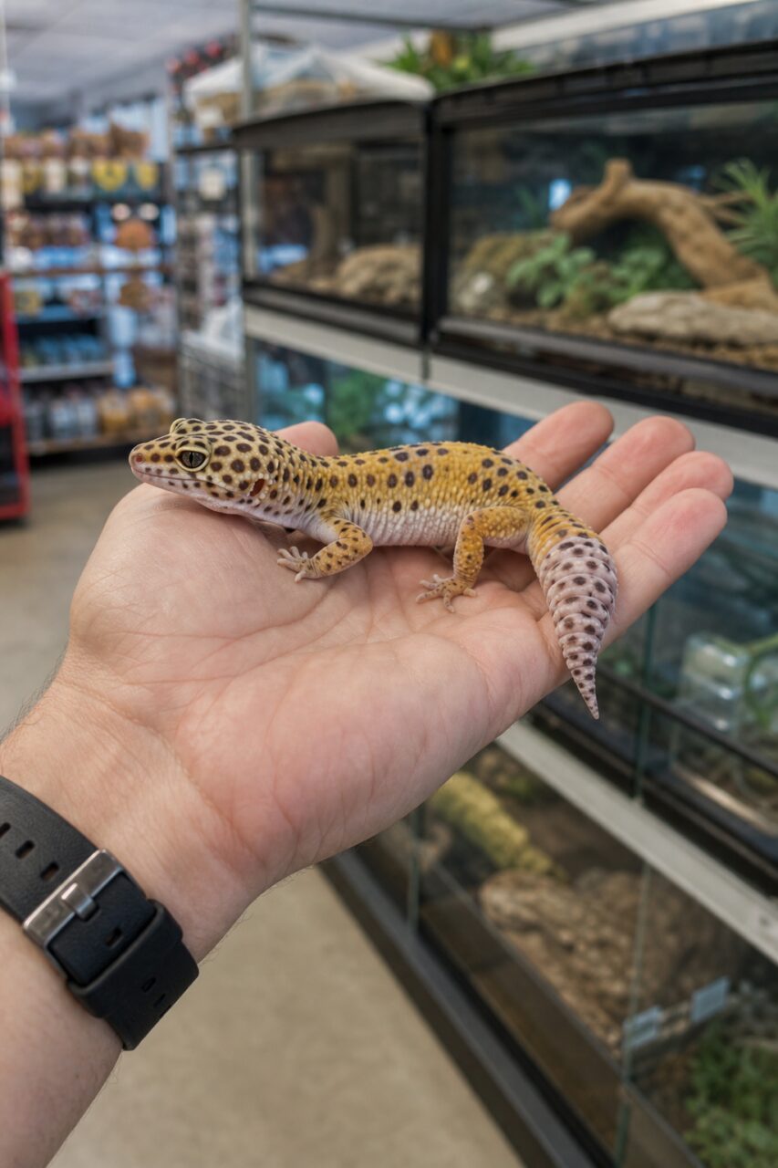 Geco maculato appoggiato sul palmo accanto a un terrario