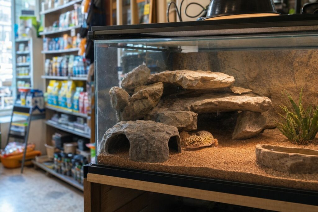 Gefleckter Gecko zwischen Felsen und Sand in einem Reptilienterrarium im Zoofachhandel