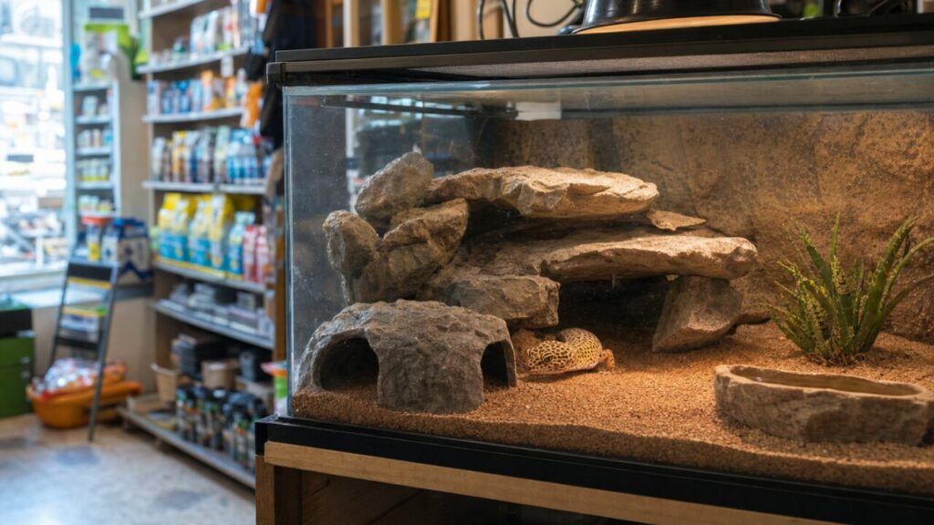 Gefleckter Gecko am Boden eines Felsenterrariums mit Zoofachhandel im Hintergrund