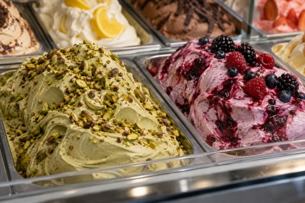 Glacier artisanal — a close view of pistachio and berry gelato