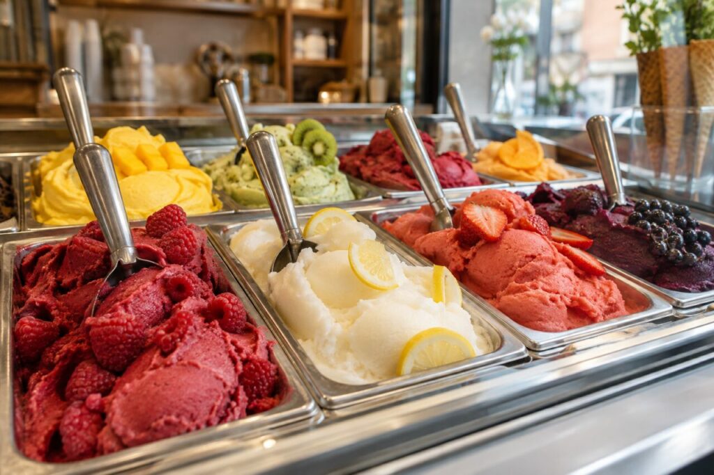 Glacier artisanal — showing fruit sorbets and metal scoops