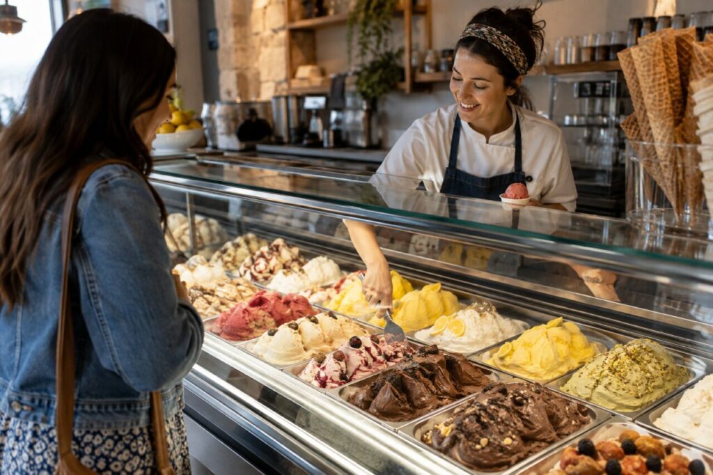 Independent gelato shop — with colorful gelato tubs behind glass