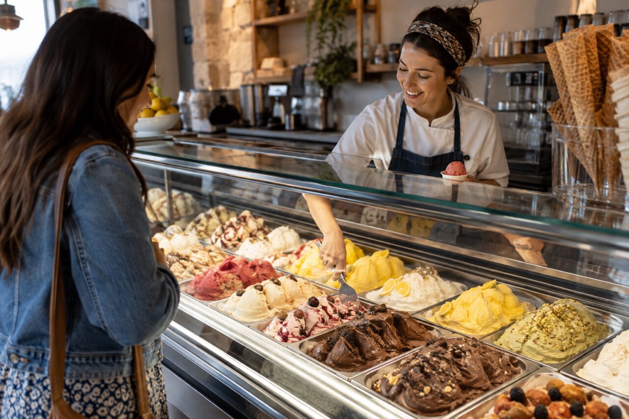Gelataria artesanal independente — with colorful gelato tubs behind glass