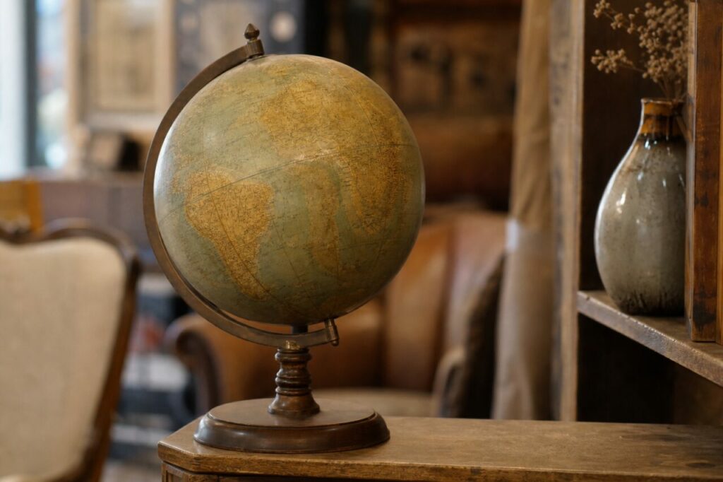 Globo terráqueo antiguo con luz lateral junto a una estantería de madera