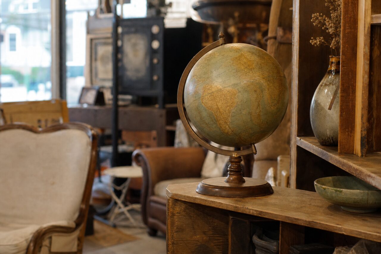 Globe terrestre ancien au centre d’une boutique de brocante avec fauteuils et étagères