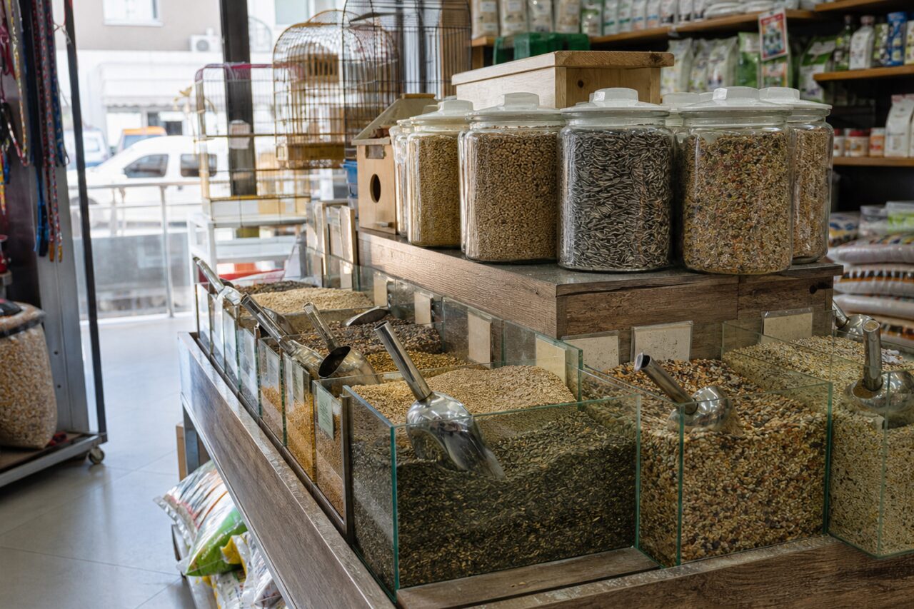 Los zaad, scheppen en potten in een dierenwinkel