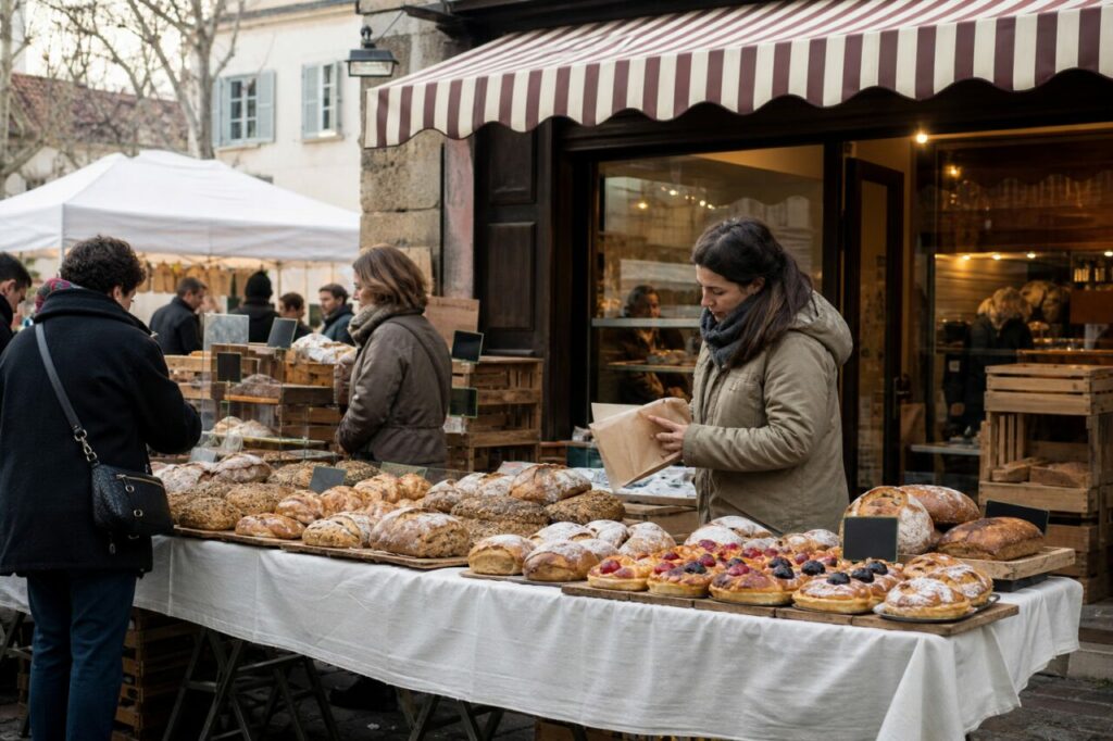 Grand étal de pains et tartes aux fruits devant une boulangerie