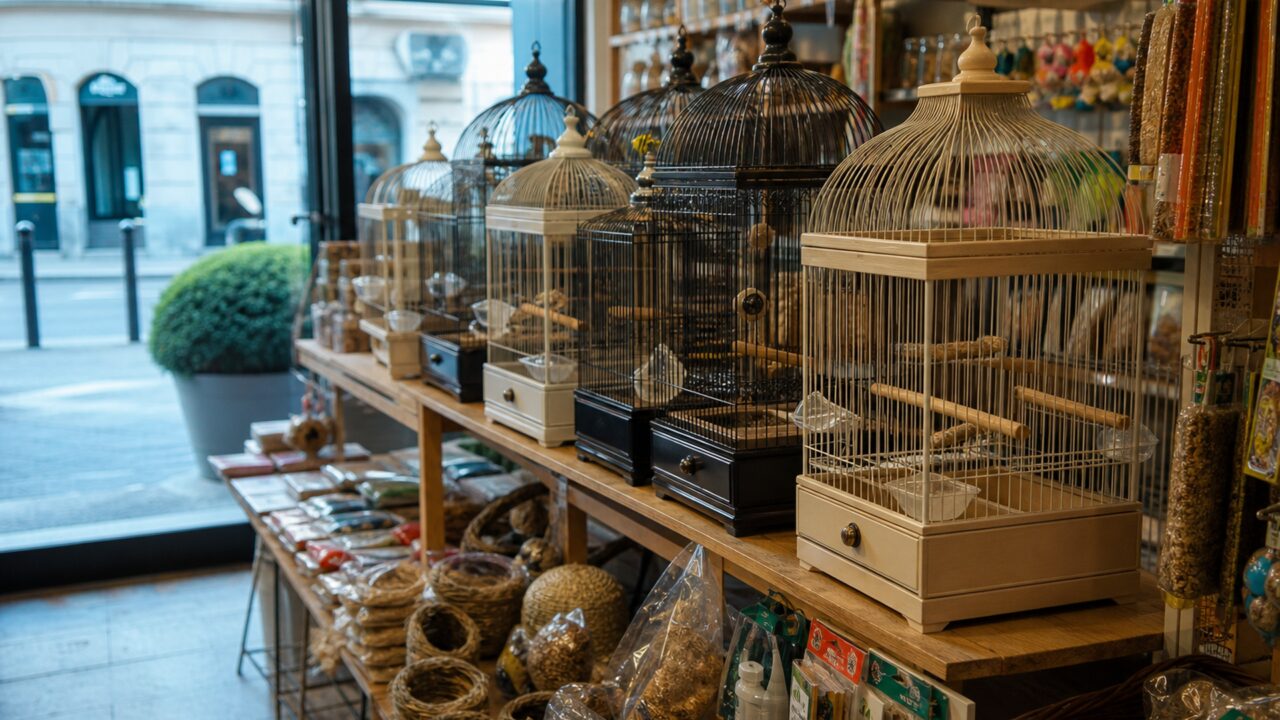 Grote crèmekleurige vogelkooi op de voorgrond tussen een rij kooien in de dierenwinkel