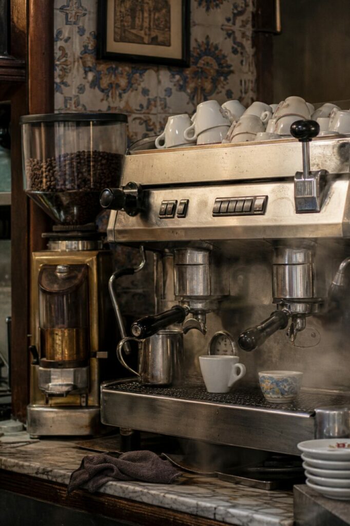 Grande macchina da espresso, macinacaffè e tazzine