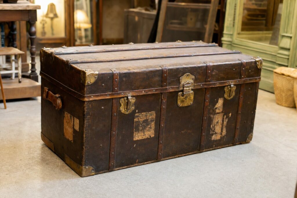 Grande malle ancienne en cuir brun patiné avec renforts métalliques dans une boutique d’antiquités