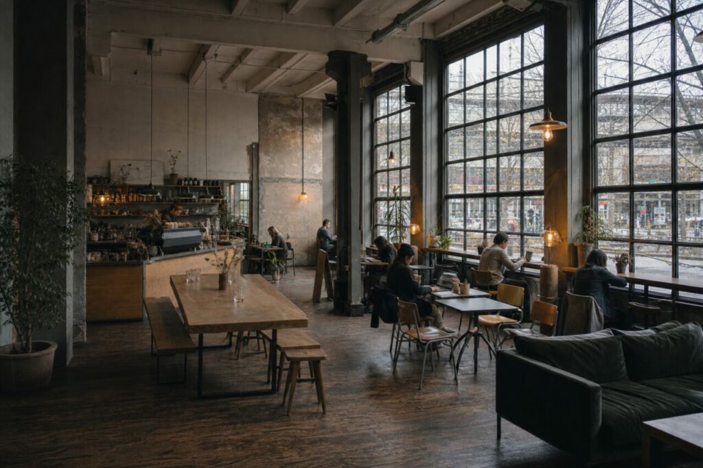 Ruime cafézaal langs hoge fabrieksramen