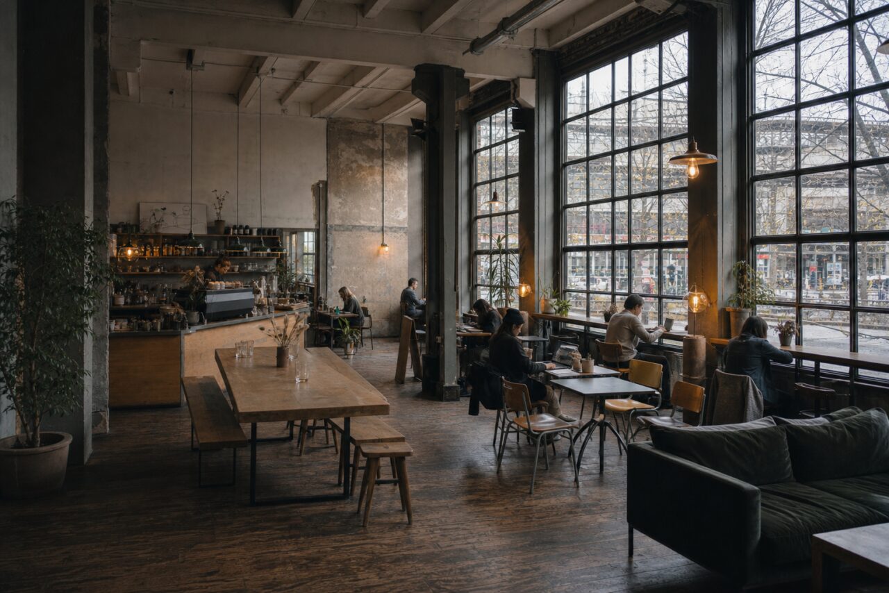 Grande salle de café bordée de fenêtres d’atelier
