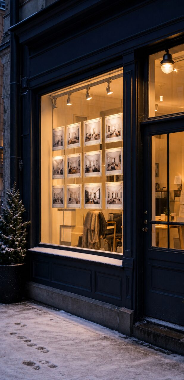 Close-up of Stockholm property listings behind a snowy window