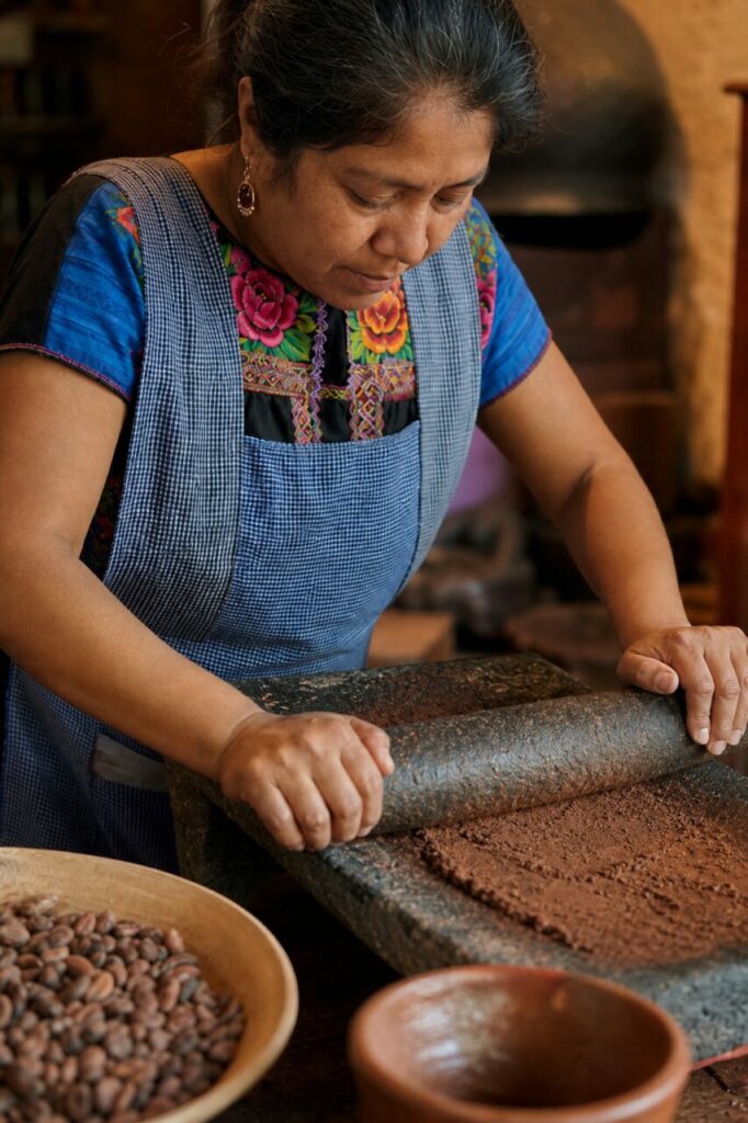 Nahaufnahme der Handwerkerin am Metate