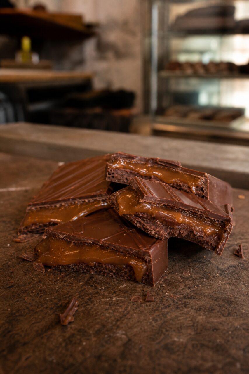 Grande plano de uma barra com caramelo salgado cortada