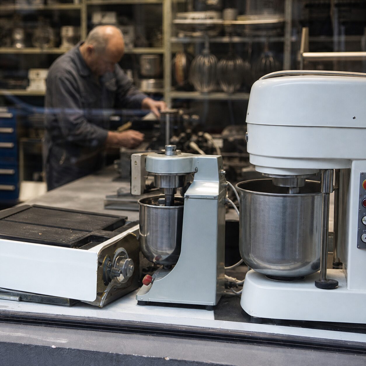 Close-up van een witte mixer en compacte deegmachine achter een etalageruit in Berlijn