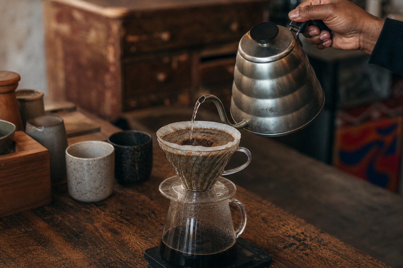 Primer plano del pico fino y el hilo de agua sobre un filtro cónico de café