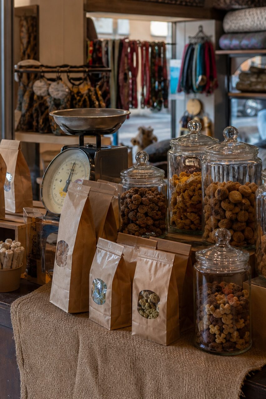 Close view of jars of pet biscuits