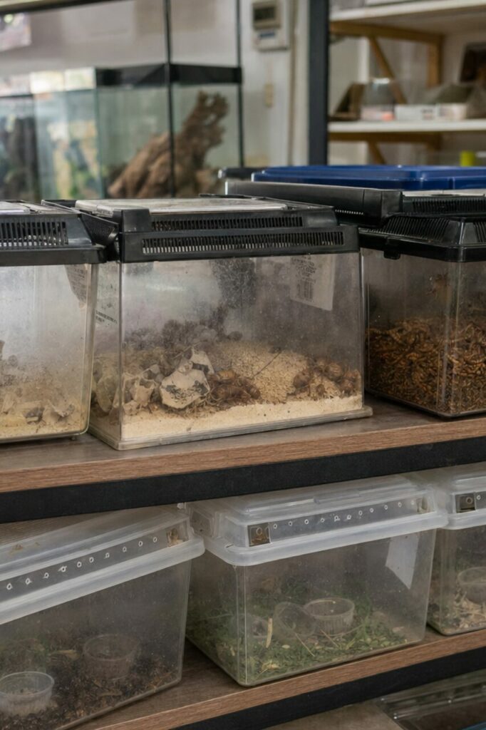Nahaufnahme von Futterinsektenboxen