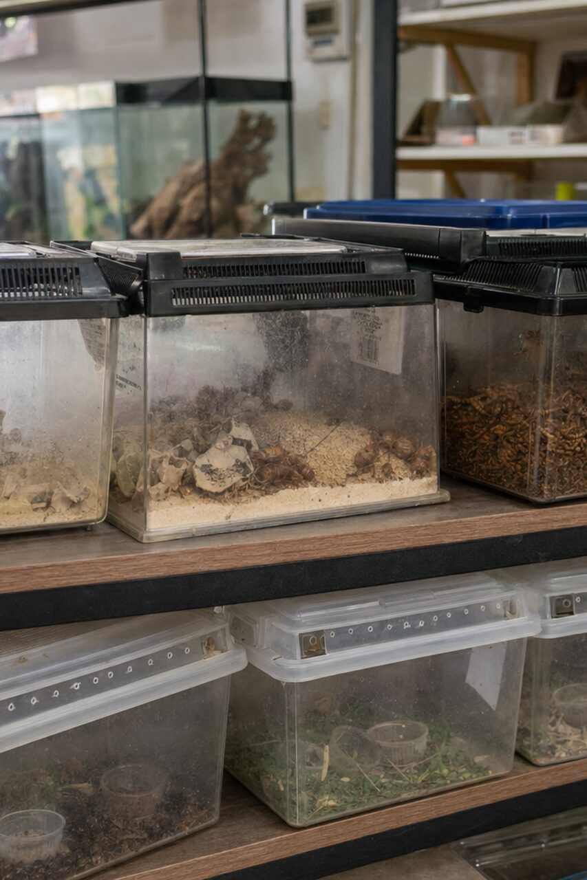 Close-up of feeder insect boxes