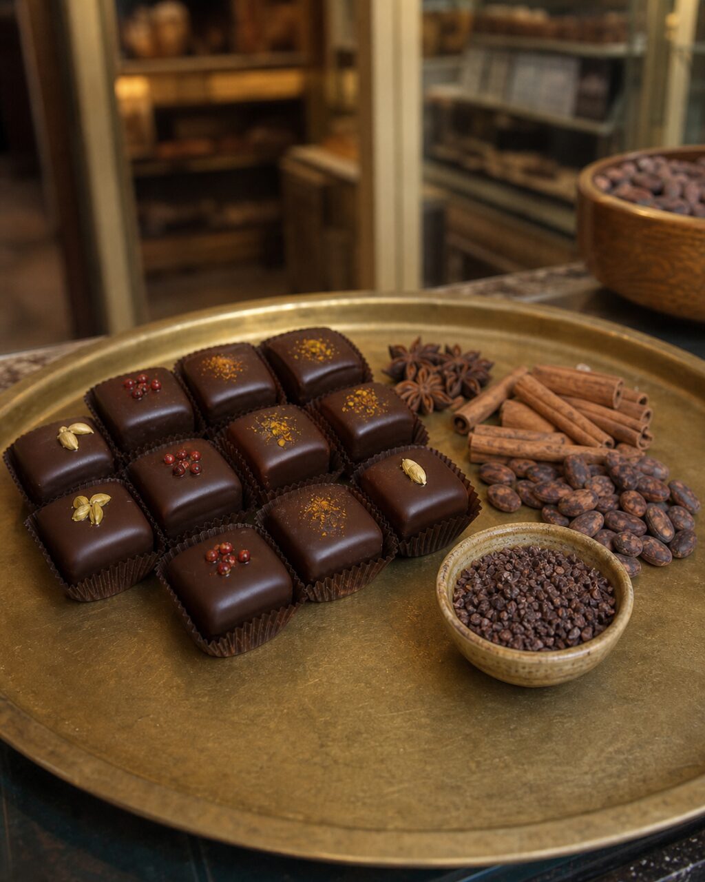 Close-up of spiced chocolate bonbons