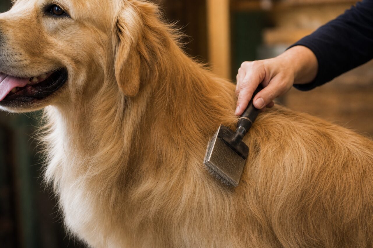 Gros plan sur le brossage du pelage doré d’un chien